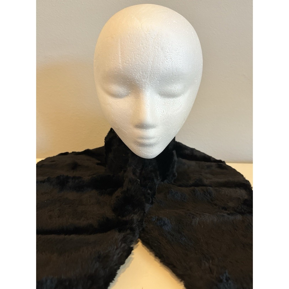 Vintage Fur Scarf Collar Shawl Wrap Black Plush w/ Ruching & Hook/Eye Closures